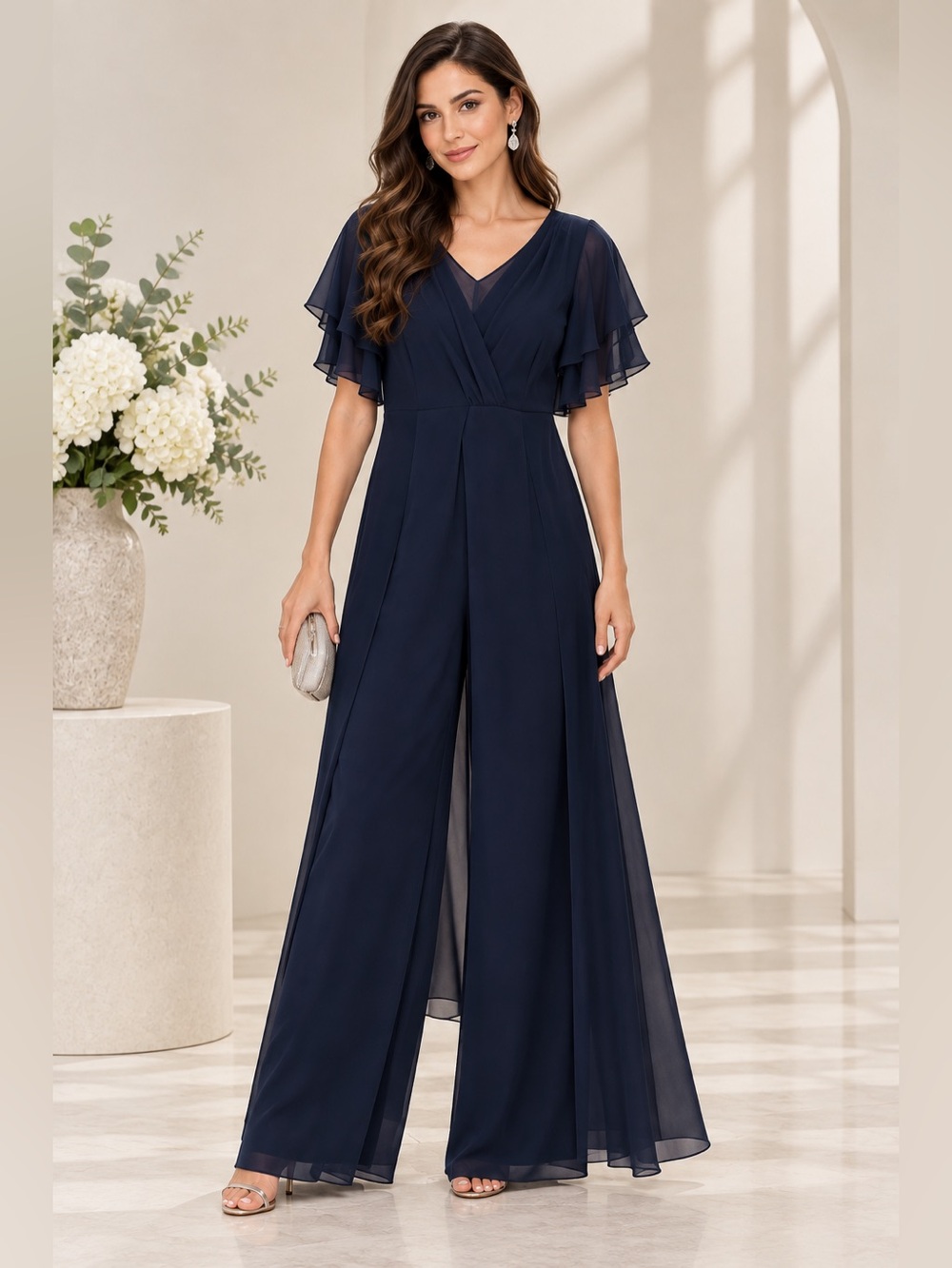 Navy Blue Chiffon Wide Leg Jumpsuit Formal Evening 3XL
